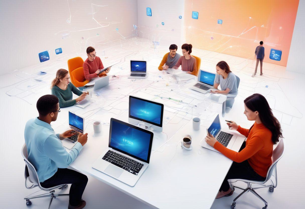 A vibrant, dynamic illustration of a modern contact space, showcasing diverse people engaging in effective communication through various devices like smartphones, tablets, and laptops. The background includes a bright, open environment with digital interfaces and interaction icons floating around. Emphasize a sense of connectivity and collaboration with flowing lines linking the devices. Add a cheerful atmosphere with warm colors. super-realistic. vibrant colors. white background.