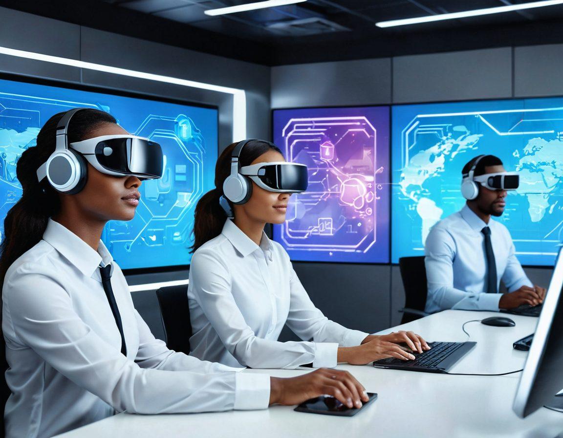 A futuristic customer support scene featuring diverse customer service representatives engaged with customers through holographic interfaces and vibrant digital displays. Incorporate elements like virtual reality headsets, AI chatbots assisting in the background, and a modern, sleek office environment to symbolize advanced technology and connection. Use a palette of bright, engaging colors to create a sense of innovation and dynamism. super-realistic. vibrant colors. high-tech feel.