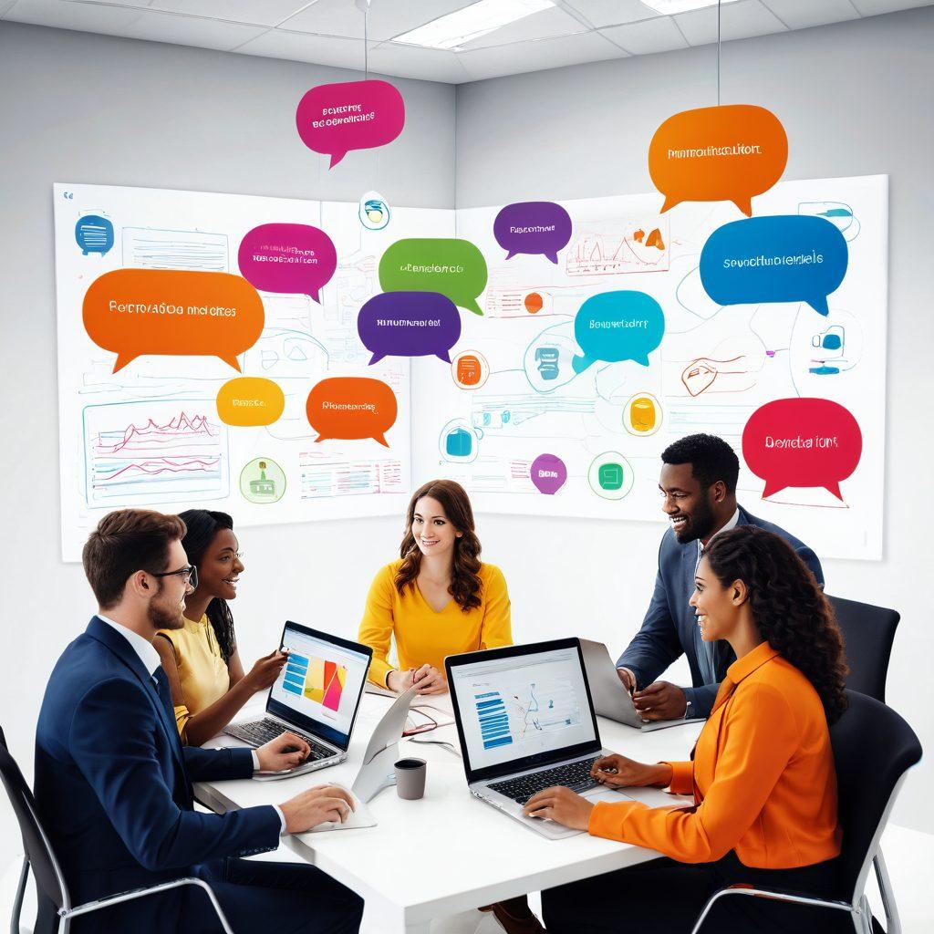 A modern office setting with diverse employees engaging passionately over digital devices, showcasing vibrant communication and collaboration. Elements like chat bubbles and interaction graphs float around to symbolize enhanced engagement. A warm color palette emphasizes a positive atmosphere. super-realistic. vibrant colors. white background.